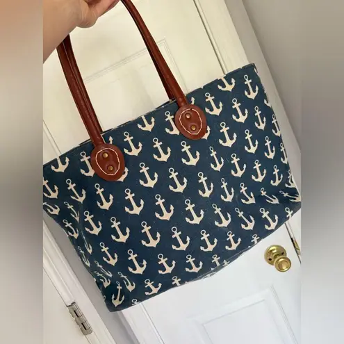 Sun N Sand Nautical Anchor Print Tote Bag with Brown Handles Blue
