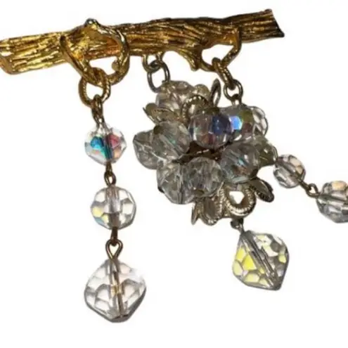 Vintage Rare JEANNE AB Crystal Tassel Dangling Brooch Gold