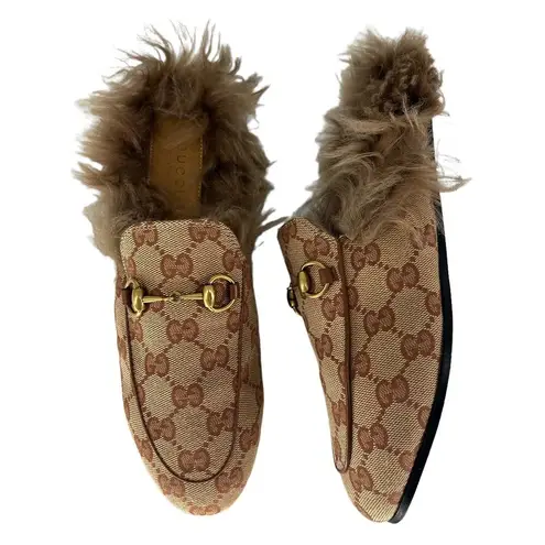 Gucci  Princetown GG Canvas Fur Lined Slippers Mules