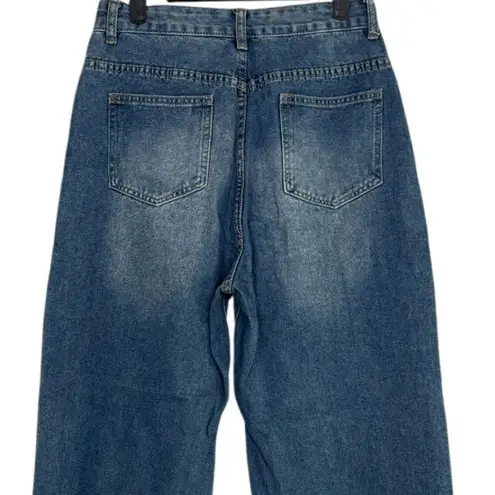 Evis Vintage Straight Wide Leg Mid Rise Full Length Casual Denim Jean Zip 8 Blue