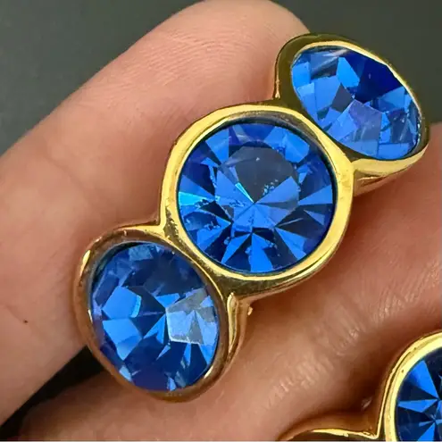Swavorski Vintage SAL Swarovski Cobalt Blue Bezel Crystal GoldTone Huggie Clip On Earrings