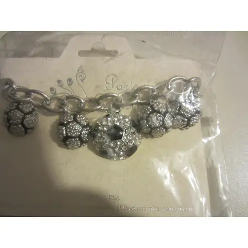 Vintage Paris Silver Statement Charm Bracelet Sparkle Beaded Soccer Ball Jewelry