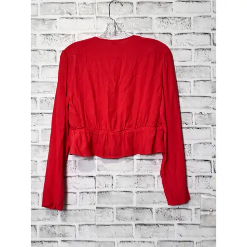 SUNDAY BEST Red Cropped Peplum Tie Front Long Sleeve Blouse Women's Size M Size M