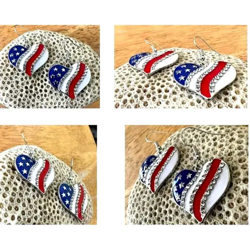 New Patriotic Heart Earrings Rhinestones Dangle Patriotic July 4 Veteran… Red