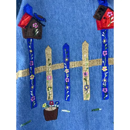 Way To Go Embroidered Denim Shirt XL | Birdhouse Garden Scene Short Sleeve Weste Blue