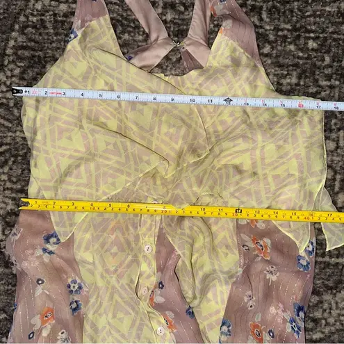 Rebecca Taylor Sz 6 8 Pale Yellow Floral Print Silk Chiffon Open Back Midi Dress