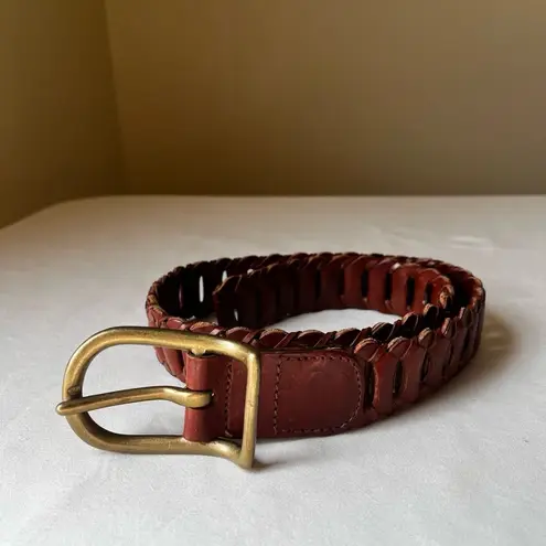 Vintage 90s DKNY Cognac Leather Woven Belt Brass Buckle Small Boho Minimalist Brown Size XS