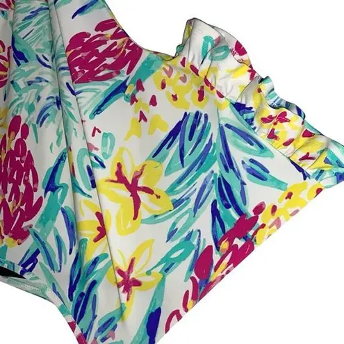 Aryeh Womens Tropical Ruffle Trim Tie Belt Stretch Romper Multicolor Medium