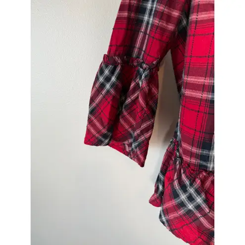 Red Plaid Off Shoulder Top Ruffle Hem Flared Bell Sleeve Blouse Medium M Holiday