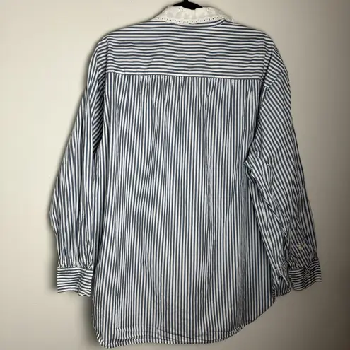 Gap X DOEN Eyelet Lace Collar Button Down Big Shirt Blue Stripe 100% Cotton L Size L