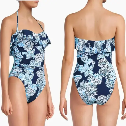 Lilly Pulitzer Rubyann Bandeau Ruffle Floral One Piece Swimsuit Blue NWOT Size 4