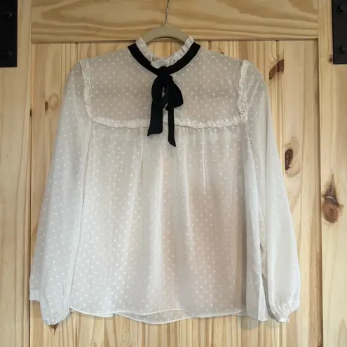 Takara White Sheer Dotted Swiss Prairie Blouse with Black Bow size Large