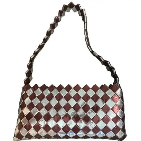 Handwoven Brown & Silver Checkerboard Purse Zipper Closure Candy Wrapper nwot