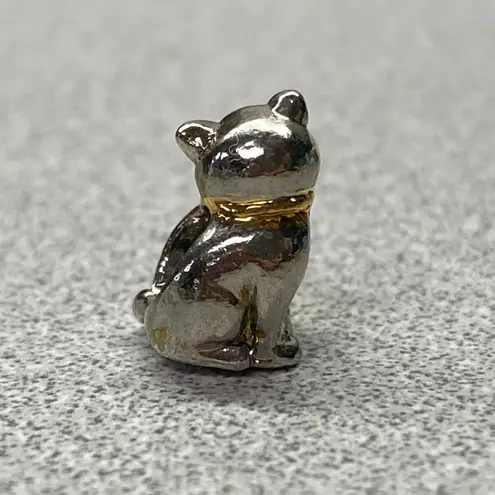 Cute Silver Tone Lucky Cat Charm Animal Bead Gold Bow Accent Jewelry Making Gray