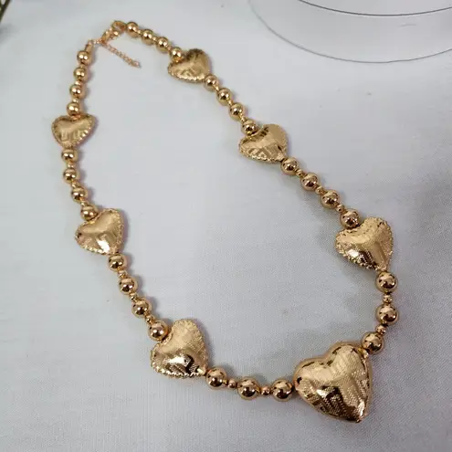 Chunky Gold Puffy Hearts with Greek Key Design and Bead Necklace