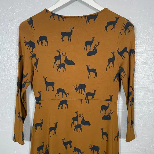Boden USA Boden Women 8 Tan Brown Oh Deer Print Dress Fit & Flare Jersey 3/4 Sleeve