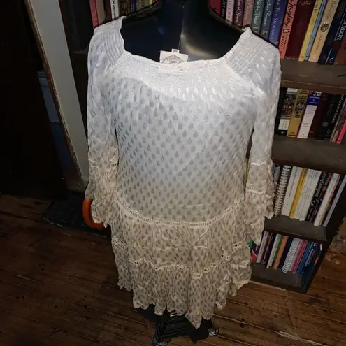 Muche Et Muchette cream smocked neck O/S boho flowy off shoulder dress White