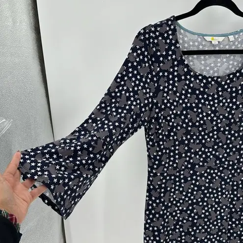 Boden Dress Navy Blue Gray Birds Bell Sleeve Stretch star novelty print size 10