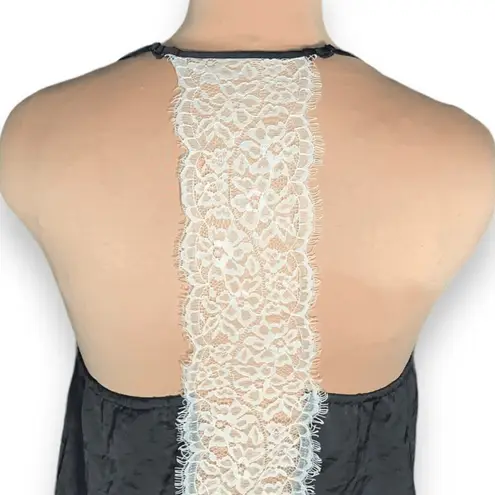 FT Black Satin Camisole Ivory Lace Trim Adjustable Spaghetti Strap Large Top