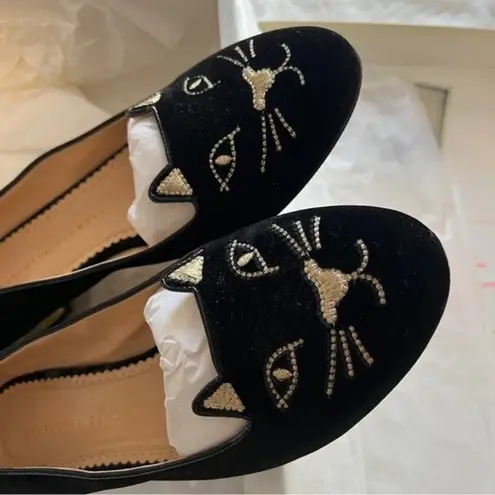 Charlotte Olympia Vintage Kitty Velvet Cat-Embroidered Flat, Black/Gold