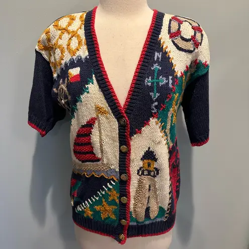 Ashley Vintage hand knit sailboat nautical sweater cardigan size Medium Red