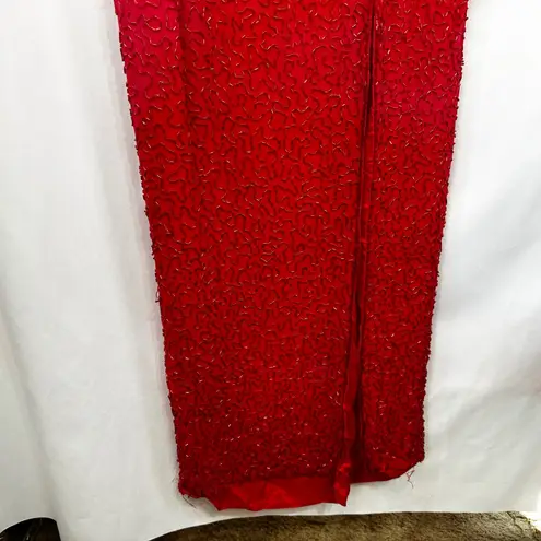 VTG Showtime Size 14 Dress Red Beaded 80s Formal Gown Evening Open Back Slit E