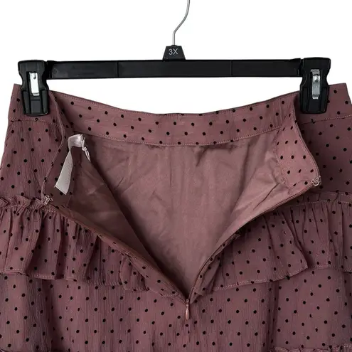 Rachel Parcell Tiered Ruffle Midi Skirt Size 10 Chiffon Flocked Tan Black Dots