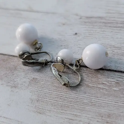 Vintage Clip On Earrings Retro White Ball Duo Dangle Stylish