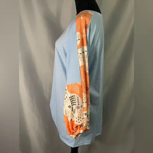 Miss Look Quilt Print 3/4 Sleeve Top Shirt Carolina Blue Cotton Round Neck XL EUC