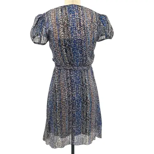Anna Sui Wrap Mini Dress Short Sleeve Abstract Print Silk Blue Metallic Size 0