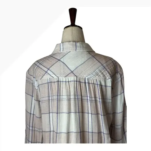 Side Stitch Shirt Women Medium Pink White Plaid Button Up Flannel Preppy Outdoor