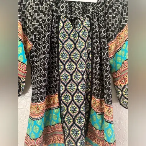 New Direction Women Multicolor Multi Block Print 3/4 Sleeve Peasant Top Size M Black Size M