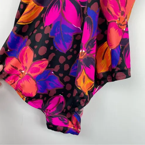 Vtg Abstract Print One Piece Swim Sz 14 Hawaiian Floral Dot Print Black