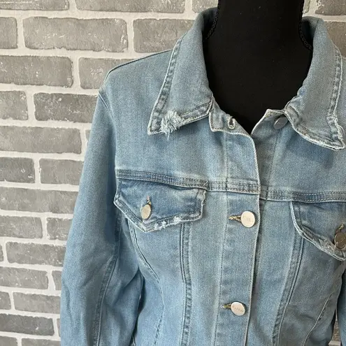 Risen | LIGHT WASHED DISTRESSED JEAN JACKET | WOMENS SIZE LARGE | BUBBLE SLEEVE