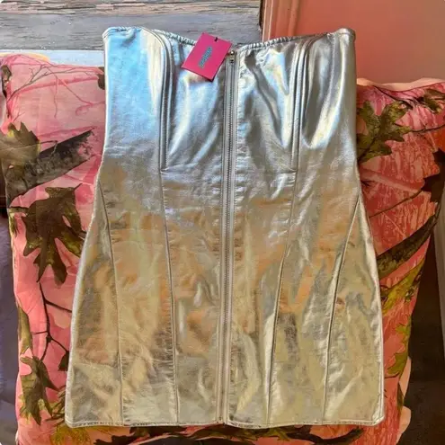Edikted astro zip up metallic mini dress shiny / silver women’s strapless nwt