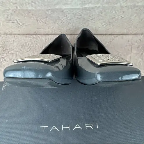 Tahari Wicked embellished grey slip on patent loafers pumps size 10