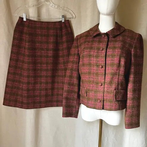 Pendleton Vintage Pink Brown Plaid Wool Jacket Skirt Suit Set XS-S