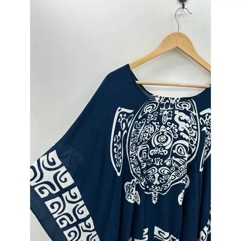 Navy Blue White Turtle Swim Cover Up Bathing Suit Rayon Boho Vacation Beach OS Size undefined