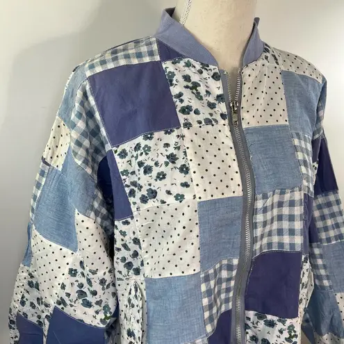 Patchwork Bomber Jacket by Tangibles Blue Cotton Florals Gingham Size M