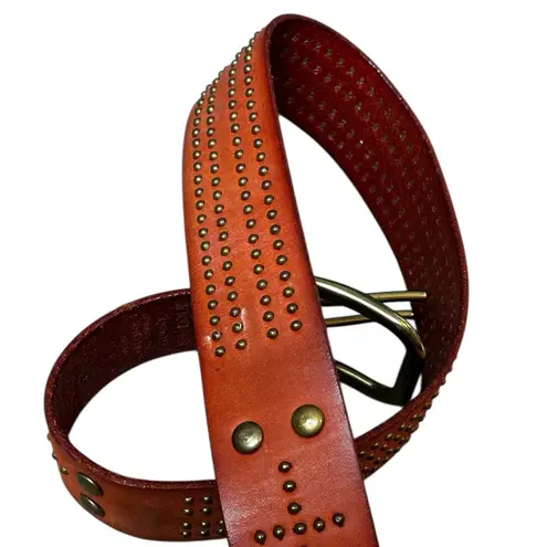 Linea Pelle Womens Leather Belt Handmade Solid Brass Studded Boho Y2K Size S Orange