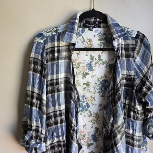 Living Doll Los Angeles Open Front Floral Blue Plaid Cardigan Size XL