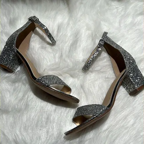 J. Adams Silver Glitter Block Low Heels with ankle strap Size 7.5. B76