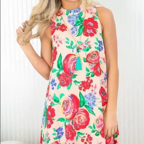 Everly  Pink Floral Mock Neck Dress