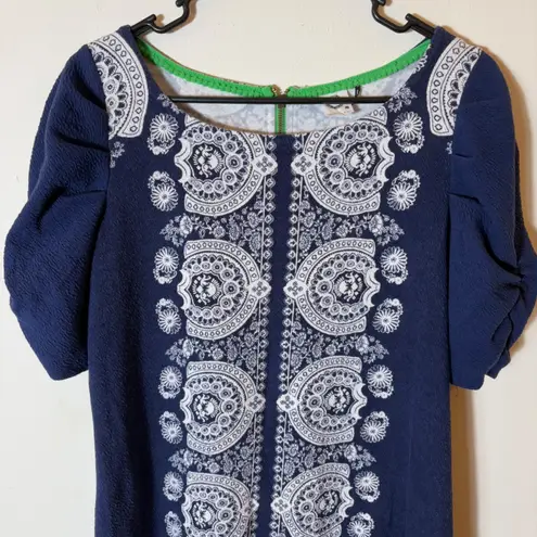 Akemi + Kin Navy Blue White Print Puff Sleeve Dress Bohemian Size Small