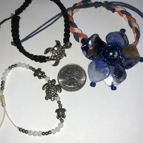 Black Silver Tone Turtles Large Shell Flower Beaded Boho Adjustable Bracelets