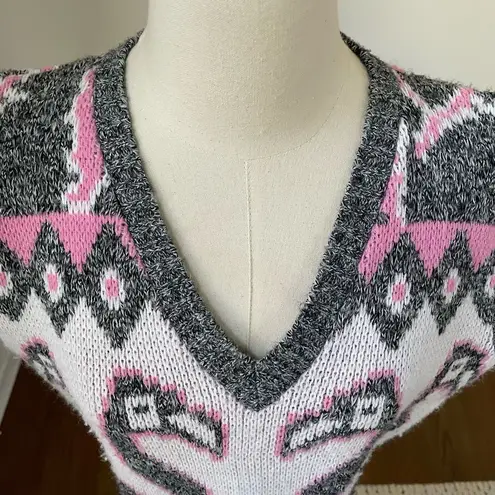 Vintage 80s Jolie Flamingo Pink Grey White Sweater Vest M Size M