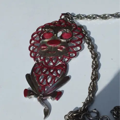 Large Red and Silver Lion Pendant on 20" Link Alloy Chain, Large Retro 1970s Style