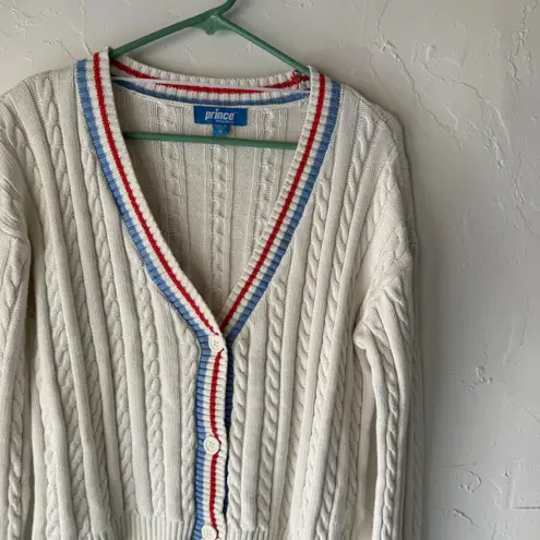 Prince Sweater Medium Cable Knit Cardigan Red Blue Stripe Trim Tennis Preppy White