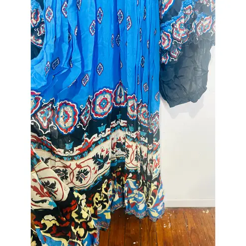 Farm Rio Blue Black Bell Sleeve Ainika Tiles Flowy V-Neck Maxi Gown Size XS