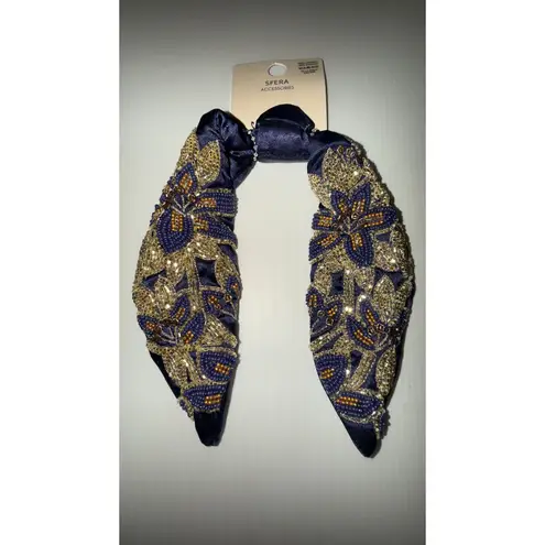 Headband Embellished Beaded Floral Knot Navy Blue & Gold